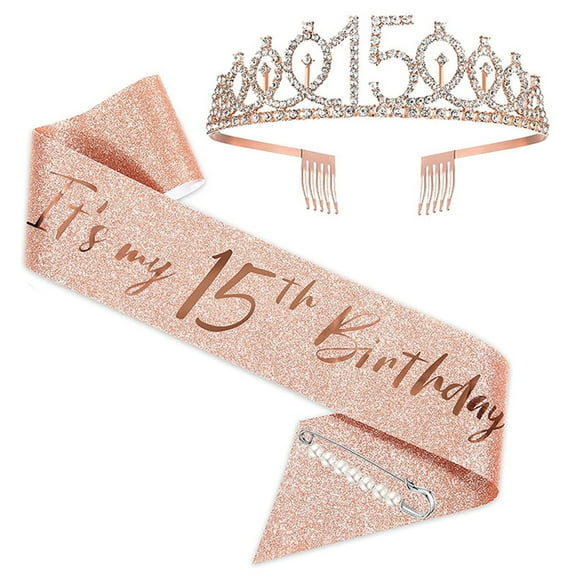Birthday Girl Sash and Tiara - 15th Rose Gold Tiara and Sash Set Birthday Sash and Tiara Kids Rhinestone Crown Set with Pearl Pin