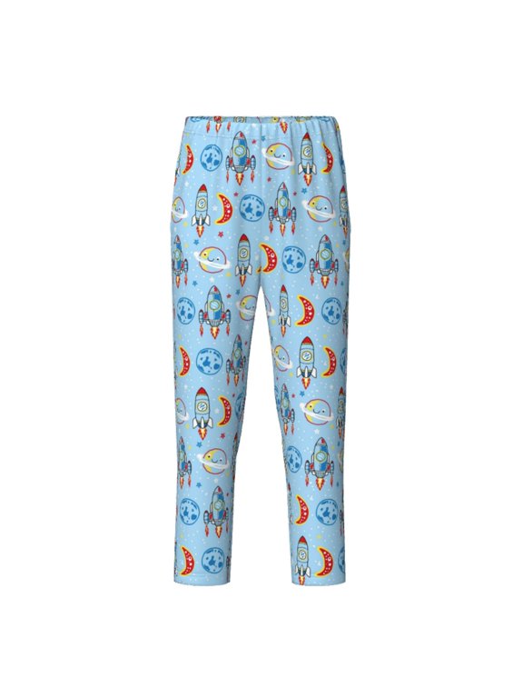Cartoon Rocket With Space Print Teenagers' Pajama Pants Long Sleep Pants Soft Elastic Waist Pajama Bottoms Elastic waist with 2 Pockets 5-16 Years-Medium