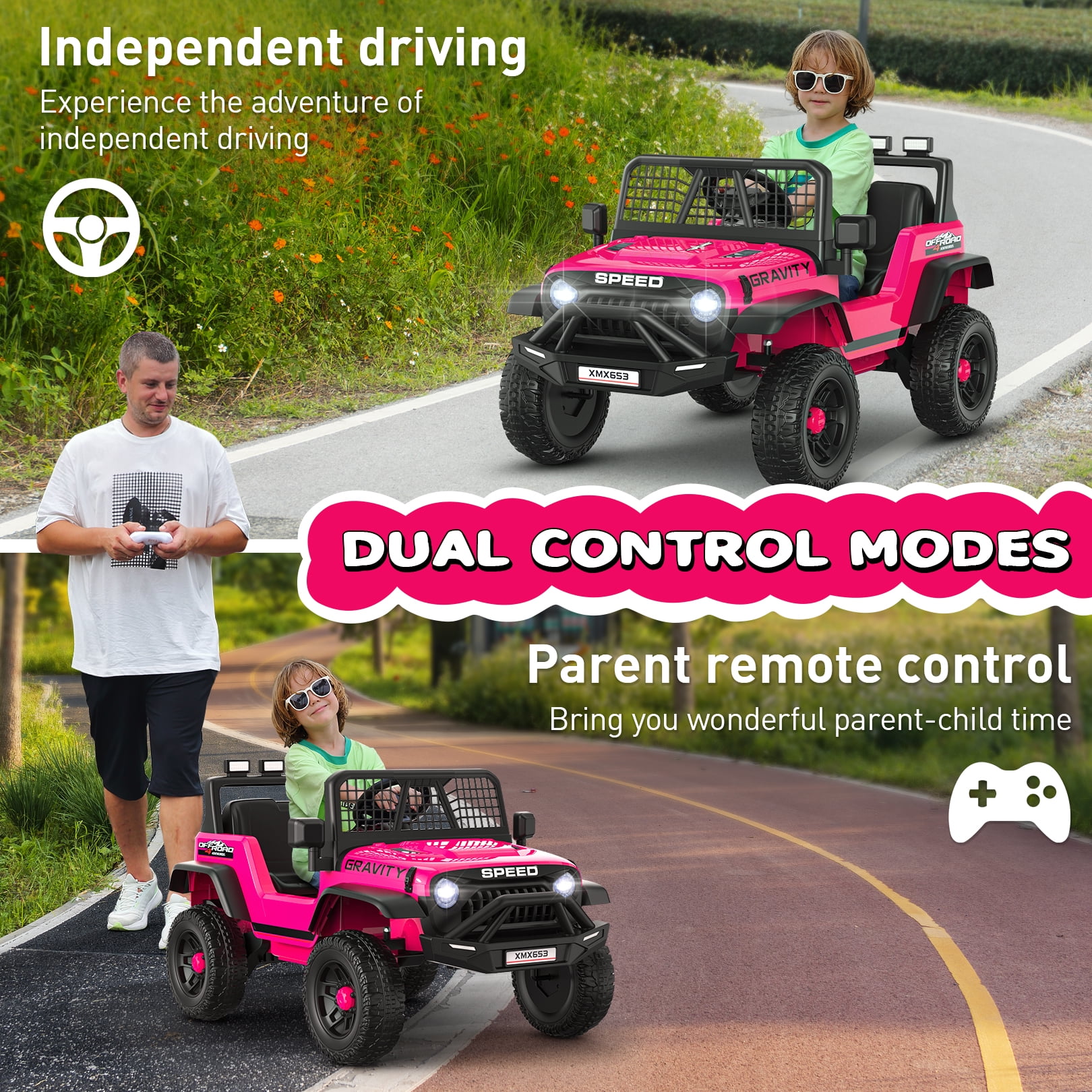 Funcid 24V Ride on Cars Truck with Remote Control, Electric Battery Powered Car with Spring Suspension, Ride on Toys for Kids, Built-in music, Cool LED Light, Bluetooth, USB, Pink