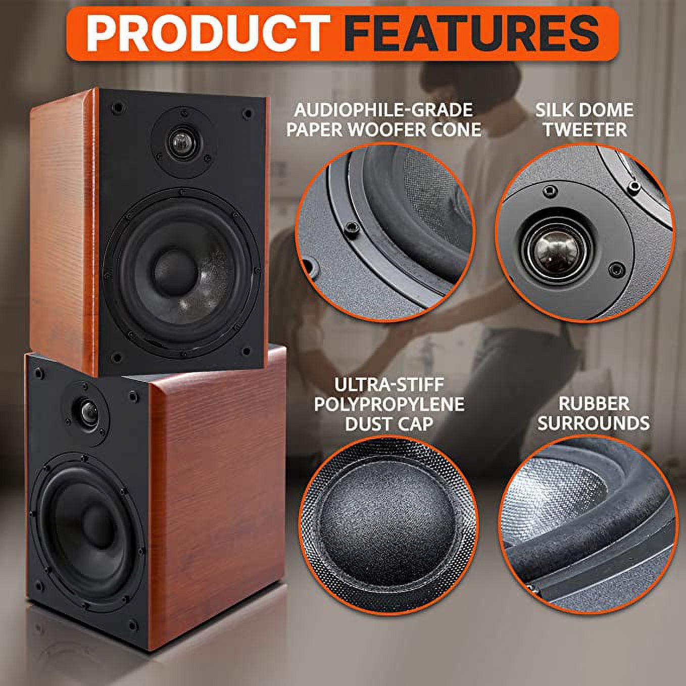 Pyle 5.25" Home Wooden Bookshelf Speakers 200W Max Power 1" Silk Dome Tweeter & Aluminum Voice Coil
