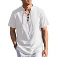 thumbnail image 2 of Camisa de manga corta de algodón y lino para hombre - Cuello alto Henry, estilo playero/medieval, tallas S-XL, tejido de lino, 2 of 7