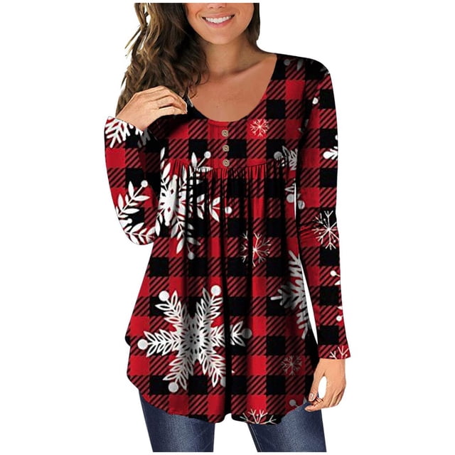 MesaSe Tunique de Noël Imprimée Col Rond pour Femmes Boutons Manches Longues Blouse Ample