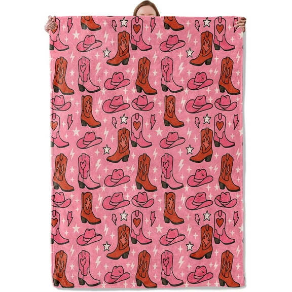 Cowgirl Blanket Gifts for Women Girls Kids, Soft Warm Lightweight Flannel Pink Western Cowboy Boots and Hats Throw Blankets for Bedroom Living Room Home Sofa Home Camping Decor 60x50 Inch