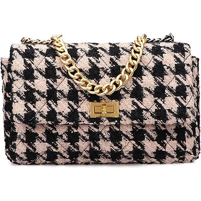 Bolso de hombro de mujer de pata de gallo blanco y negro de cuero PU, bolso de hombro de tela de lana de moda de otoño e invierno