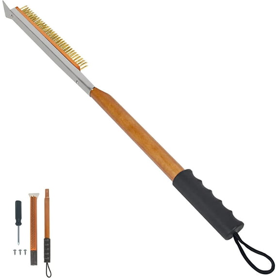 Pizza Oven Brush with Scraper and Ergonomic Silicone Handle, Keeps Your Oven Spotless, Portable Brass Bristles Pizza Stone Brush, Come with Installation Tool, Outdoor Pizza Oven Accessories