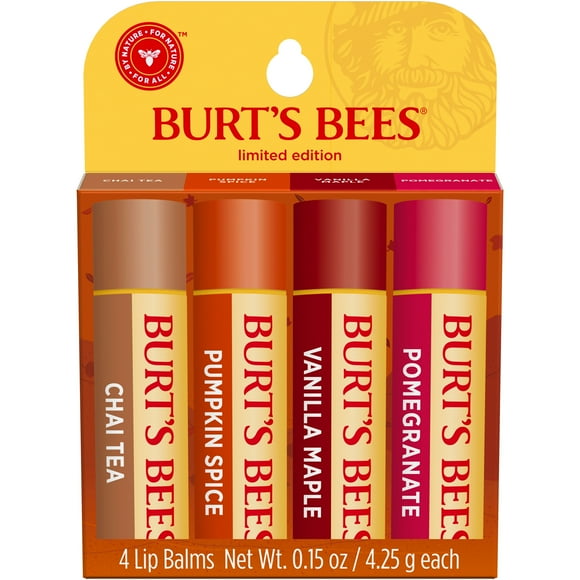 Burts Bees Chai Tea, Pumpkin Spice, Vanilla Maple and Pomegranate Lip Balm Set, Natural Origin Lip Care, 4 Tubes, 0.15 oz.