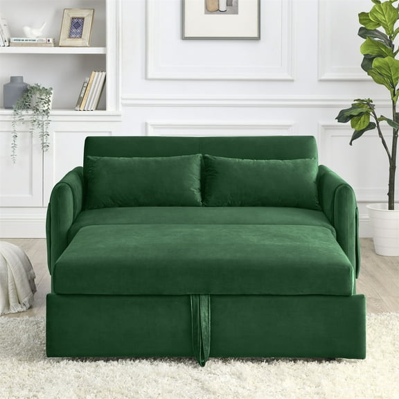 55'' Convertible Sofa Bed,Velvet Loveseat Sofa with Pull Out Bed, Modern Sleeper Sofa with 2 Detachable Arm Pockets and 2 Pillows,Adjustable Backrest and Grid Design Armrests for Living Room,Green