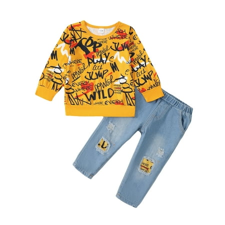 

KIMI BEAR Newborn Baby Boys Pant Sets 6-9 Months Fall Winter Outfits Long Sleeves Sweatshirt Letter Print Pullover Top Ripped Denim Pants 2pcs Sets Yellow