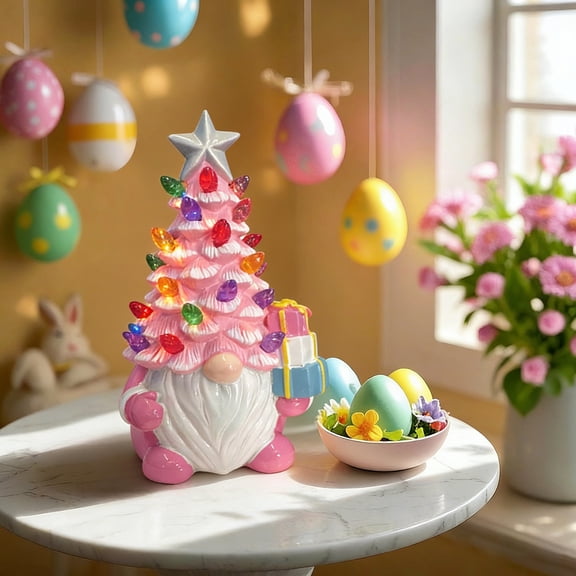 Light Up Gnome Tree with LED Lights - Spring Holiday Home Desk Decor, Resin Fairy Garden Ornament for Indoor Seasonal Decorations