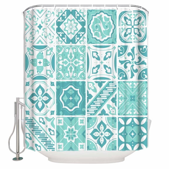 Fabric Shower Curtain, Aqua Green Floral Geometric Tile Shower Curtains with 12 Hooks Waterproof Machine Washable Bath Curtains for Bathroom, 36 x 78in