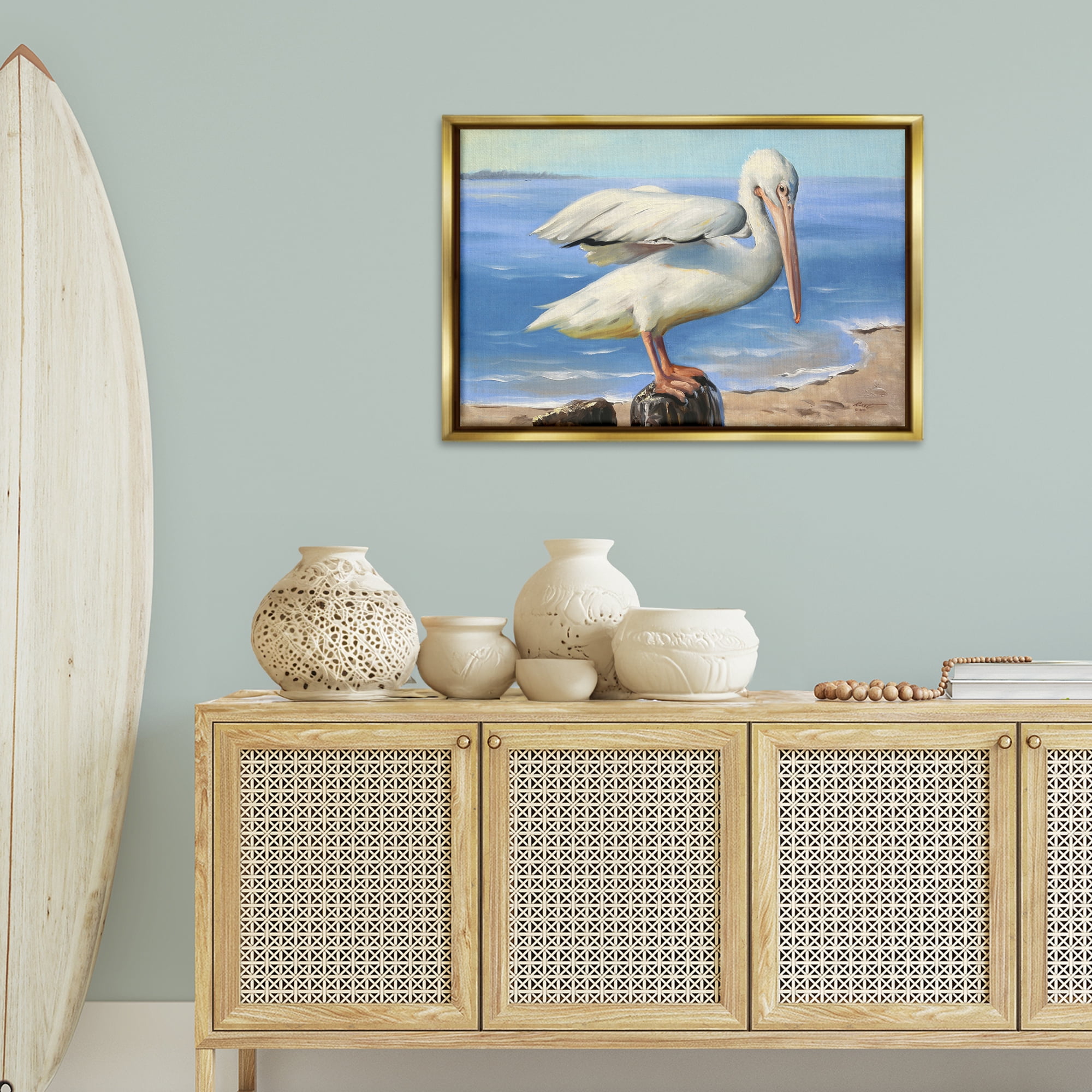 Stupell Industries Beach Scene Pelican Animals & Insects Painting Gold Floater Framed Canvas Art Print Wall Art, 31 x 21