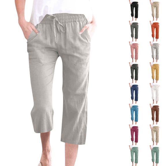 Petite Capris Pants for Women Drawstring Elastic Waist Cotton Linen Cropped Trousers With Pockets Summer Loose Straight Light Gray 3XL