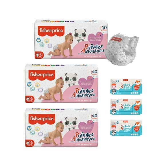 Fisher Price - 3 Pack Pañales Etapa 3 niña + 3 Pack toallitas húmedas