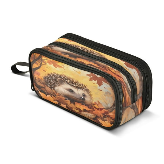 ALAZA Hedgehog Autumn Pencil Case Bag 3 Compartment Pen Pouch Large Storage Holder Box Organizer