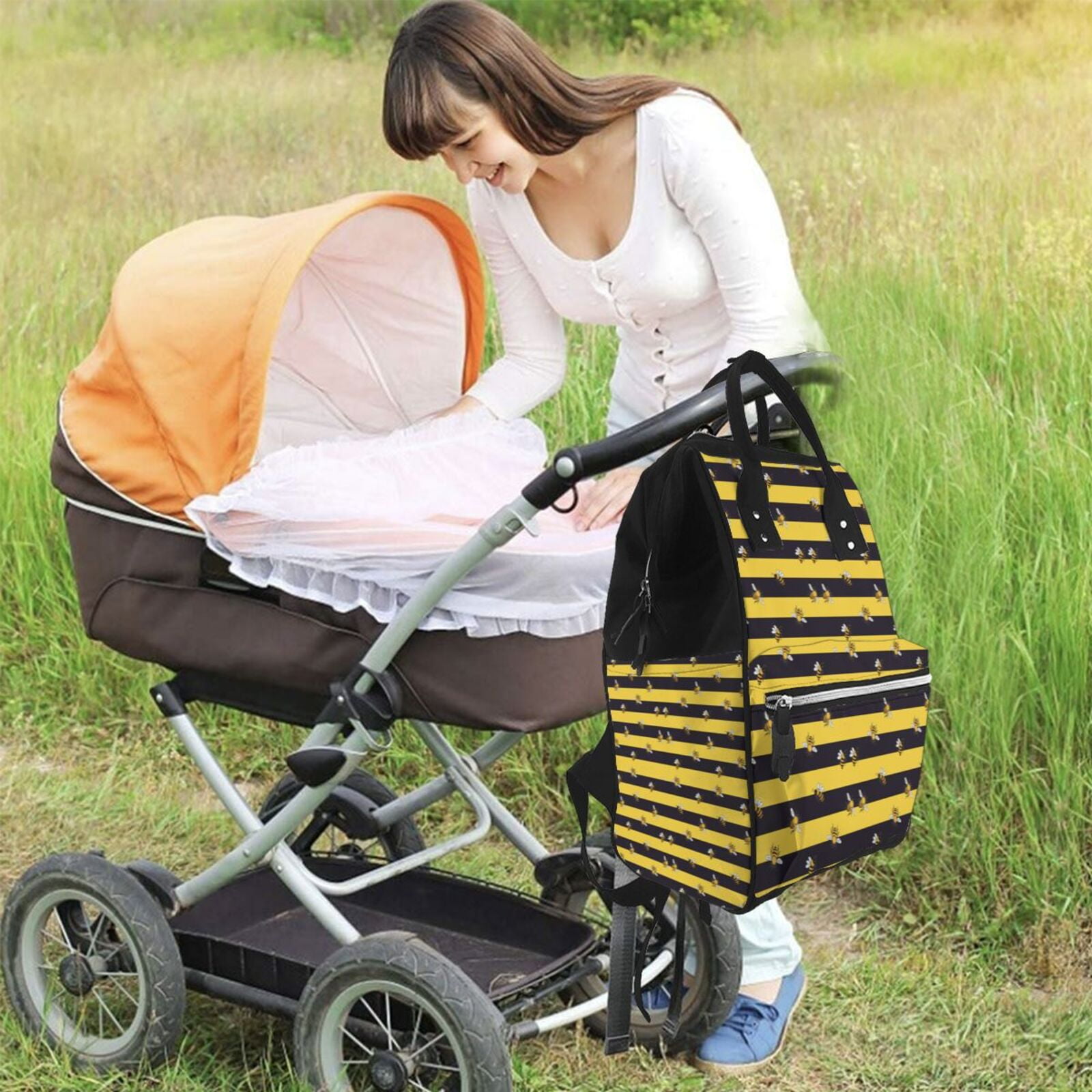 Defioc Striped With Bees for Baby Diaper Bag Backpack - Baby Bag for Boys & Girls - Diaper Backpack - Large Travel Diaper Bags- Baby Registry Search & Shower Gifts