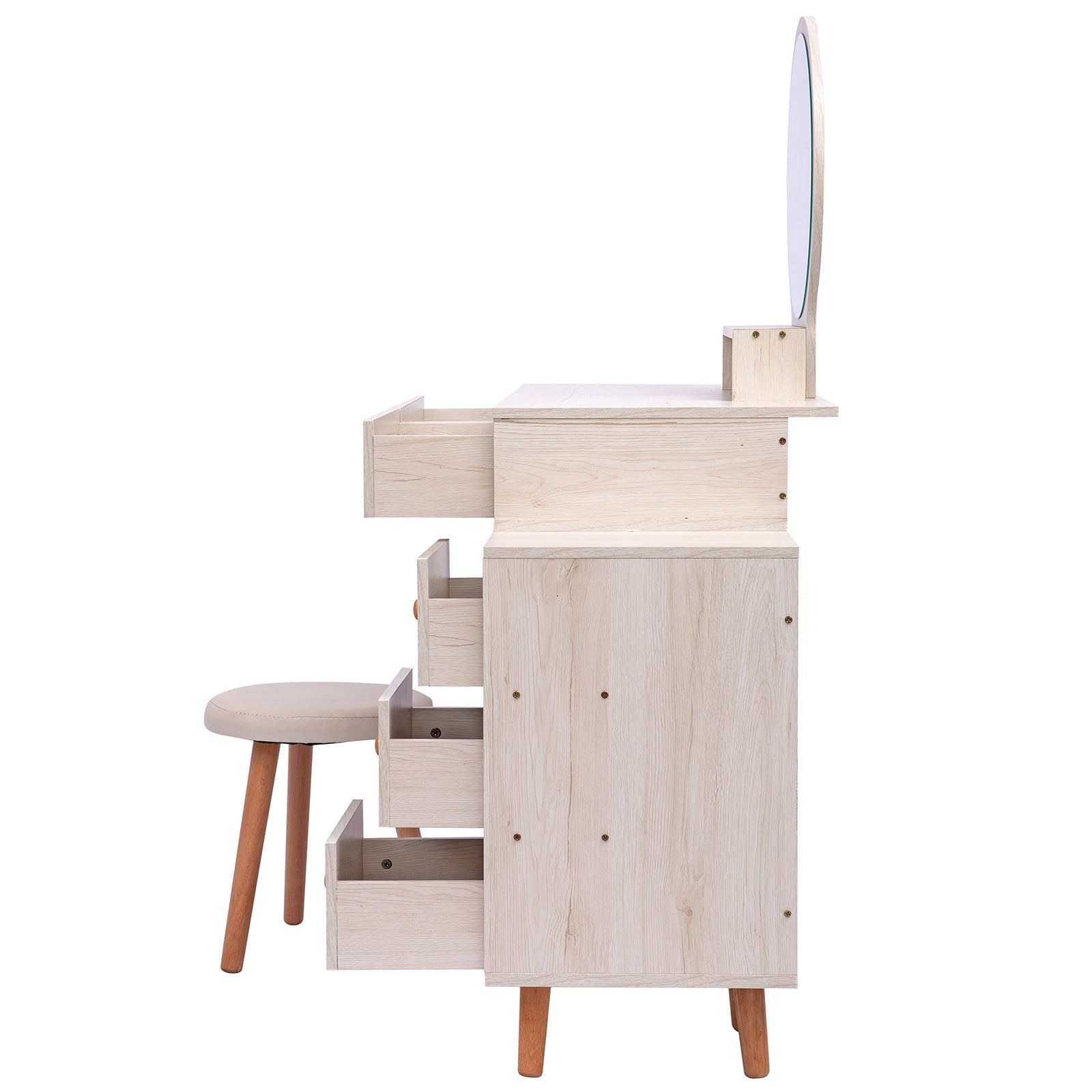 AENKYO Vanity Table Set with Stool, 5-Drawer Makeup Dresser, Modern Beauty Desk for Bedroom, Girls & Women, White Vanity with Stool - White