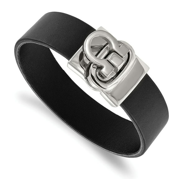 Stainless Steel Polished Black Leather 8.5in Chain ; 8.5 inch; for Adults and Teens; for Women and Men