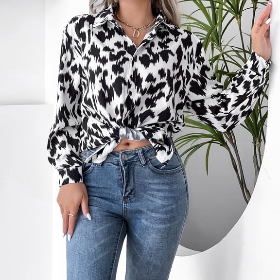 Njoeus Womens Holiday Tops, Women's Fashion Leopard Button Up Shirts Casual Long Sleeve T-Shirt Loose Blouse Office Work Tops
