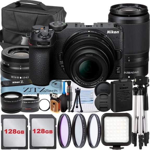 Nikon Z30 Mirrorless Camera with NIKKOR 16-50mm   DX 50-250mm Zoom Lens   2 Pack SanDisk 128GB Card   Case   Wideangle   Tripod   ZeeTech Accessory Bundle