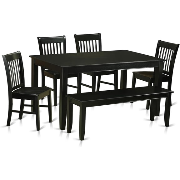 6-Piece Kitchen Table Set - Solid Wood Dining Table, 4 Chairs & Bench - 36x60 Inch - Black