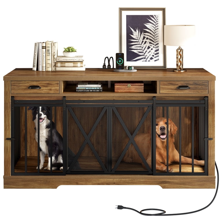 Uforic 63-Inch Dog Crate Furniture,TV Stand with Charging Station