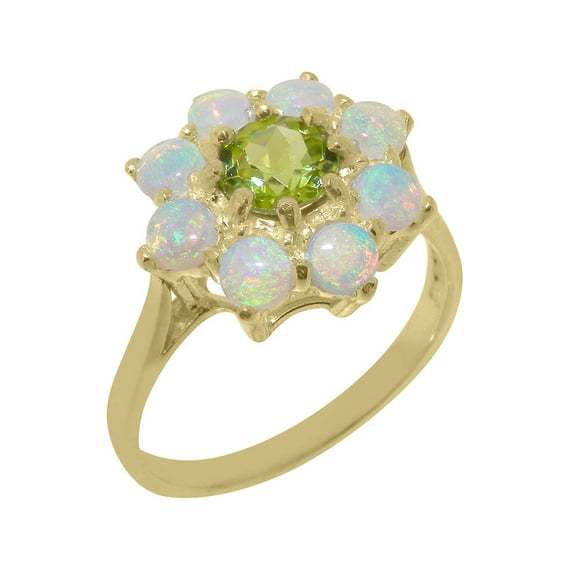 LBG British Made 14k Yellow Gold Natural Peridot & Opal Womens Statement Ring - 33 size options - Size 10