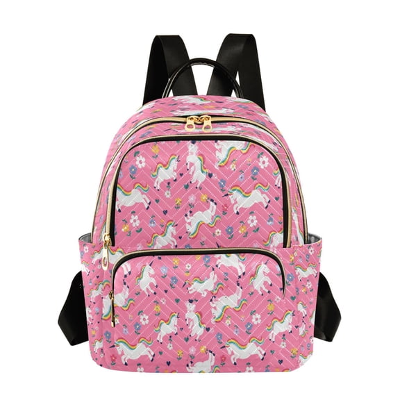 Qxltty Quilted Backpack for Women, Rainbow Unicorn Print Travel Daypack with Front Pocket for Casual Daily Use