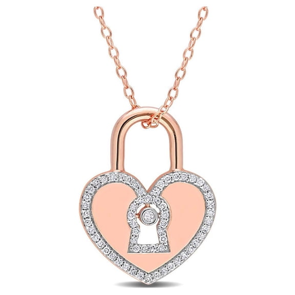 1/5 Carat (Ctw) Diamond Heart Lock Pendant Necklace in Pink Plated Sterling Silver with Chain for Women