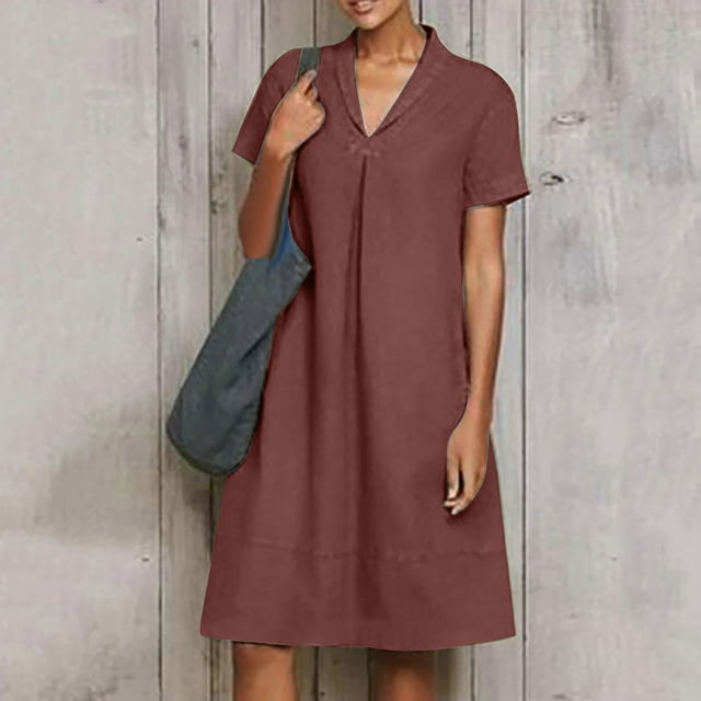 Robes pour Femmes 2024 Été Surdimensionnées Décontractées Col Rabattu Manches Courtes Unies 50 % de Rabais!