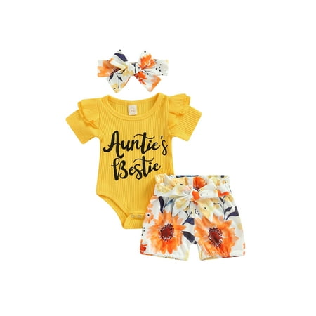 

TheFound Newborn Infant Baby Girl Summer Floral Outfits Auntie s Bestie Ruffle Ribbed Romper Shorts Headband 3Pcs Clothes