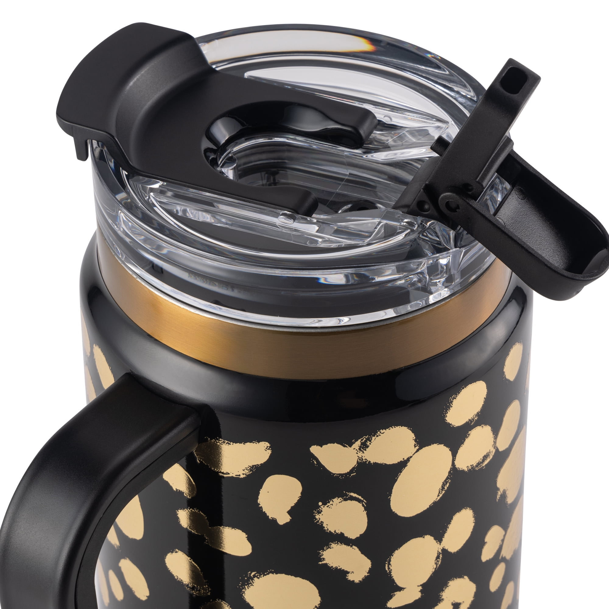 Gobelet Thyme & Table de 940 ml avec poignée, couvercle à double paille, double paroi isotherme en acier inoxydable, pois noirs et dorés