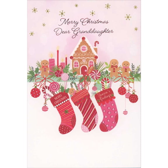Pictura Gingerbread House, Cookies, Holly and Stockings on Mantle Christmas Card for Granddaughter