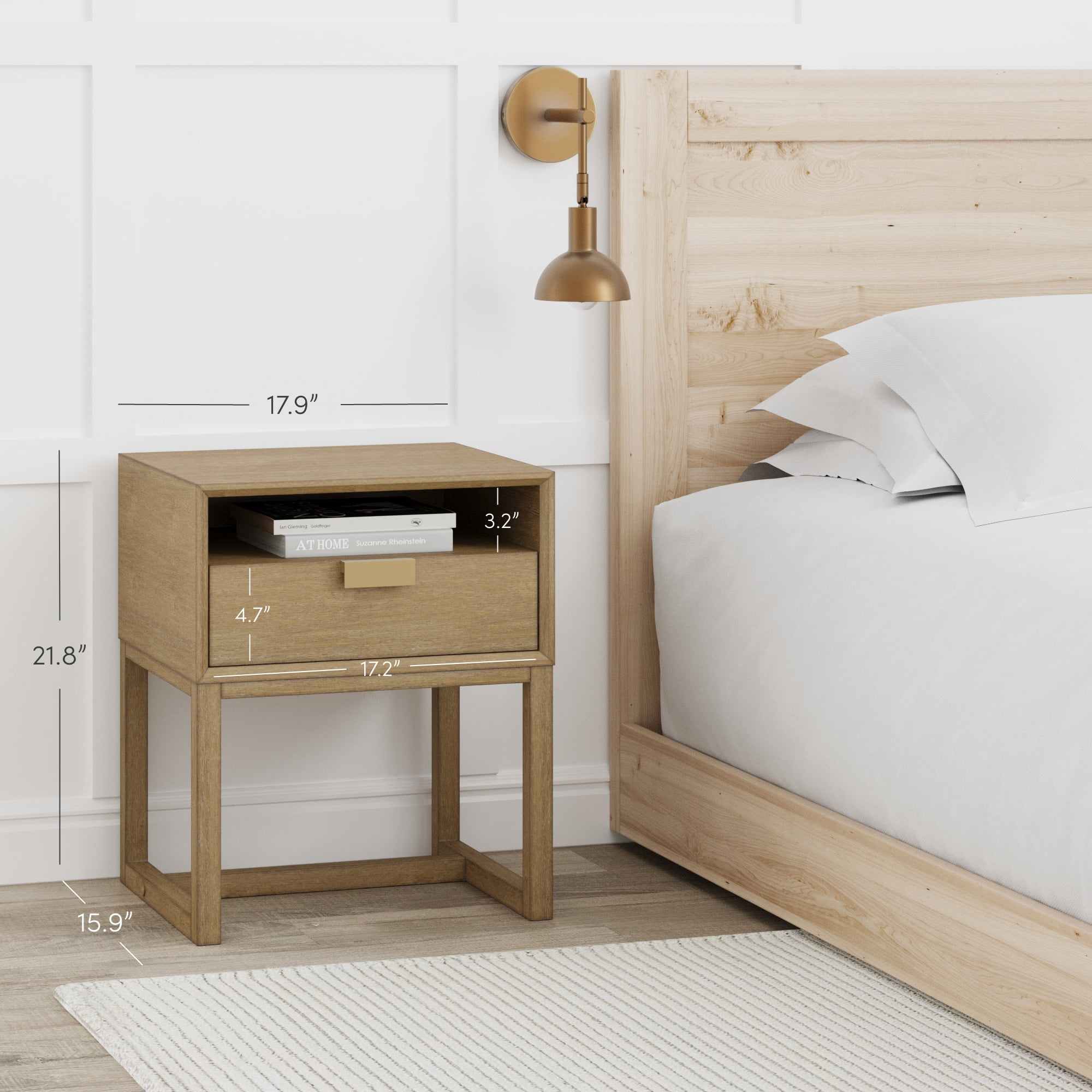 Nathan James Luke Light Brown Wood Nightstand Bed Side Table, Side Sofa End Table with Storage Drawer and Cubby