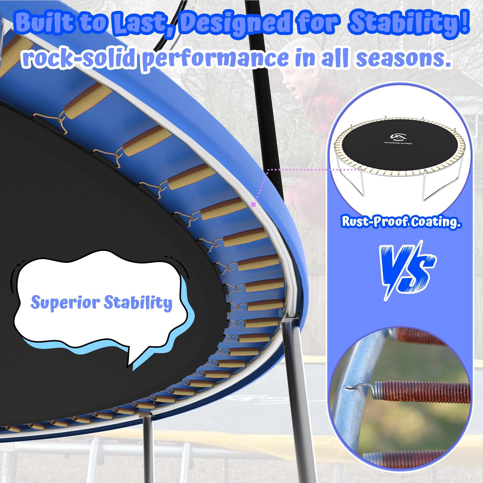 ACWARM HOME 2025 NewTrampoline 12FT Premium Blue Trampoline with Basketball Hoop and LED Lights Recreational Trampolines for Kids and Adults with Net and Ladder
