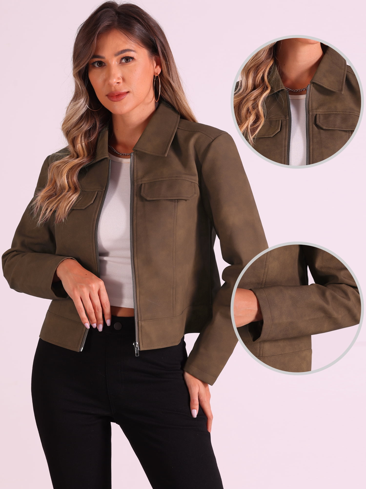 DARING DIVA Women's Faux Leather Jackets Zip Up Vintage Distressed Moto Biker Jacket M Brown