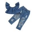 thumbnail image 2 of ATOGUTA Summer Outfits for Baby Girls Off Shoulder Tops Ripped Jean Pants Outfits Sets Blue, Size 18M-6, 2 of 5