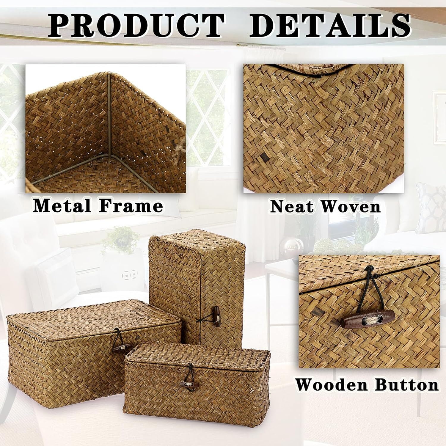 3 Pack Wicker Baskets with Lids, Nautral Seagrass Storage Baskets, Woven Rectangular Basket Bins, Rattan Storage Organizer for Shelf