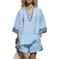 thumbnail image 2 of Delconic Women Bohemian Print V Neck Short Sleeve Top and Split Hem Shorts Two Piece Summer Set for Casual and Daily Wear Sky Blue S, 2 of 7