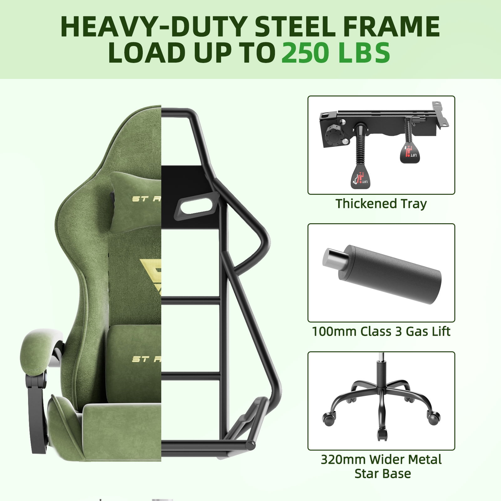 SOONTRANS Gaming Chair for Adult, Velvet Fabric High Back Gamer Game Chair with Footrest, Ergonomic Comfortable Computer Office Chair with Massage Lumbar Cushion, Reclining Leather Desk Chair, Green