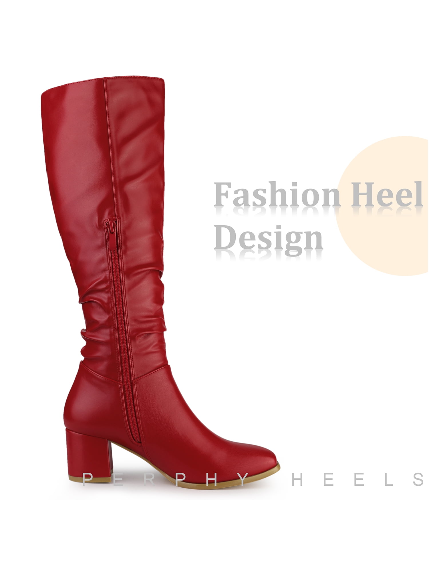 Unique Bargains Women's Slouch Square Toe Chunky Heels Knee High Boots Red 9