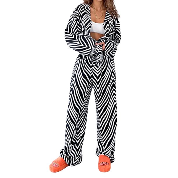 Sunloudy - Traje de 2 uds para mujer, estampado de rayas diagonales, manga larga, camisa con cuello vuelto de un solo pecho + pantalones largos con cintura elástica Sunloudy moda