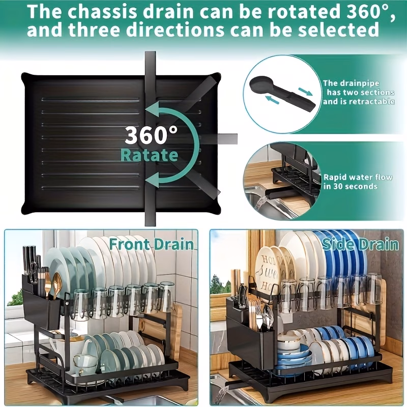 Large 2-Tier Dish Drying Rack with Drip Tray and Drainage Device, Kitchen Counter Dish Drainer for Plates, Knives, Cups and Cutting Boards
