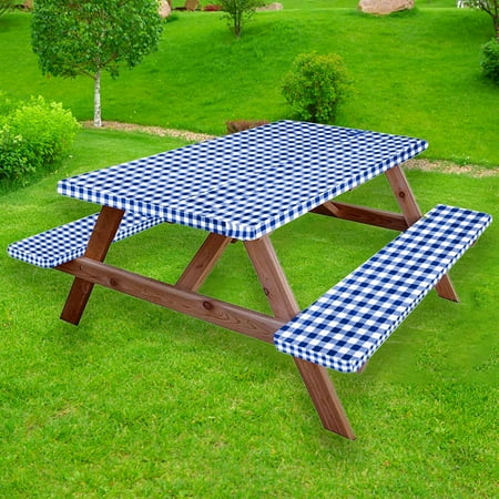 

Picnic Table and Bench Fitted Tablecloth Cover 3-Piece Set Backing Elastic Edge Waterproof Wipeable Plastic Cover Vinyl Tablecloth for Home Goods Indoor Outdoor Patio