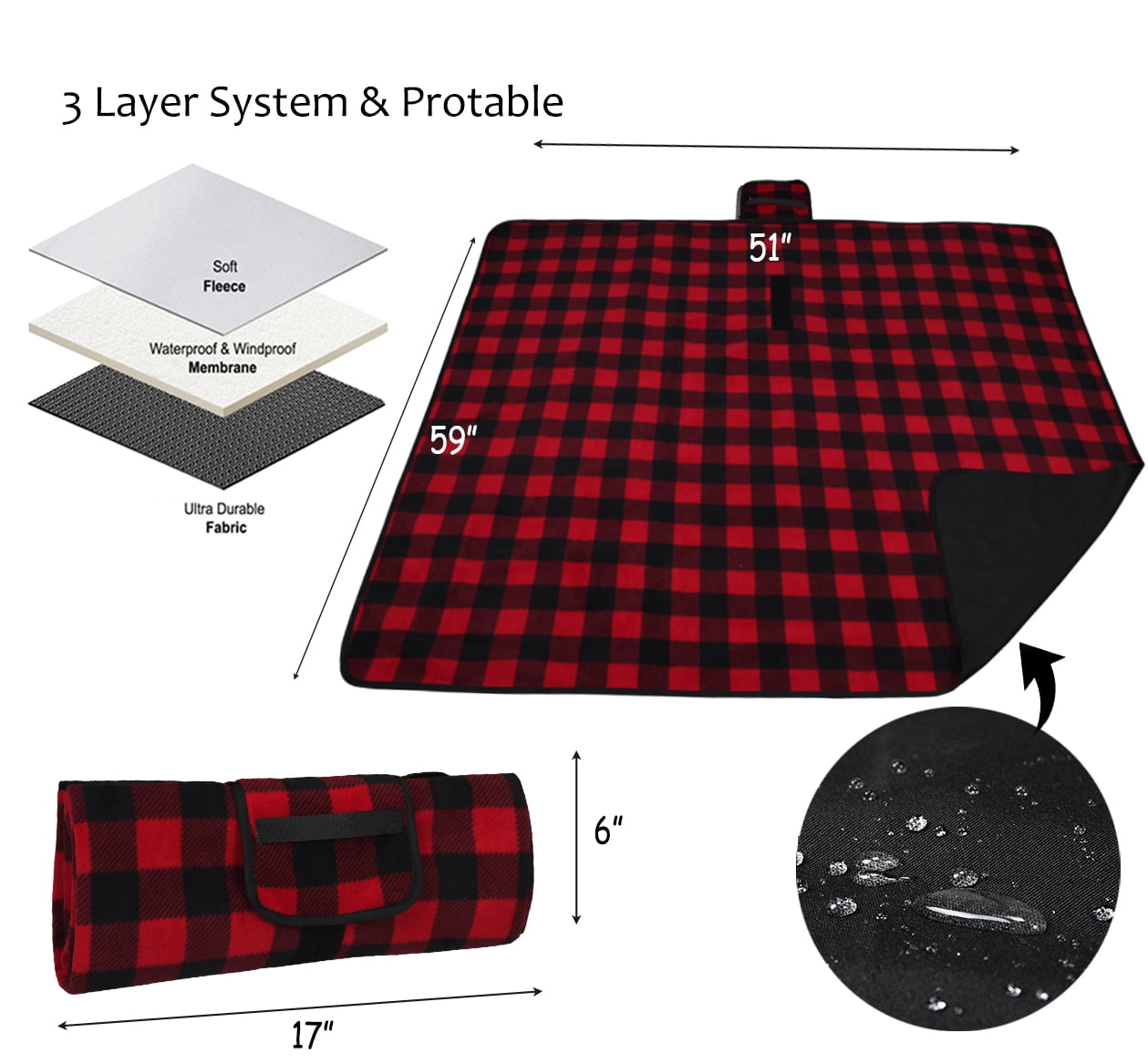 FlyingStar Waterproof Outdoor Blanket with Sherpa Lining, Windproof Triple Layers Warm Comfy Foldable for Camping Stadium, Sports, Picnic, Grass, Pet, Red Plaid No Sherpa(Fleece Only)51''X 59''