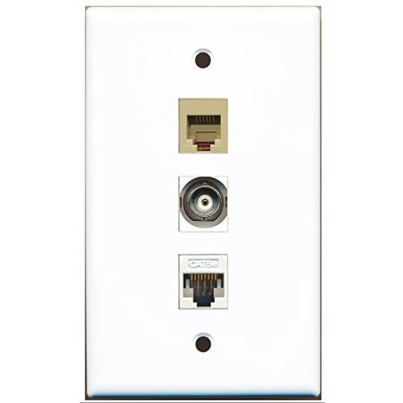 RiteAV - 1 Port Phone RJ11 RJ12 Beige and 1 Port BNC and 1 Port Cat5e Ethernet White Wall Plate