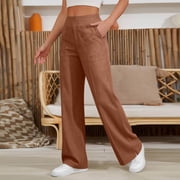 Linen Pants Women Pull On Elastic High Waisted Wide Leg Baggy Pants with Pockets Breathable Straight Leg Trousers Brown M