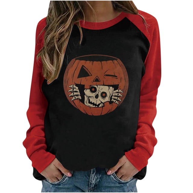 Moda mujer primavera patchwork impreso manga larga cuello redondo casual tee tops Pompotops FGAJ4822