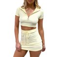 thumbnail image 3 of Txlixc Traje de verano de 2 piezas para mujeres con cremallera de cuello V de color sólido Txlixc moda, 3 of 8