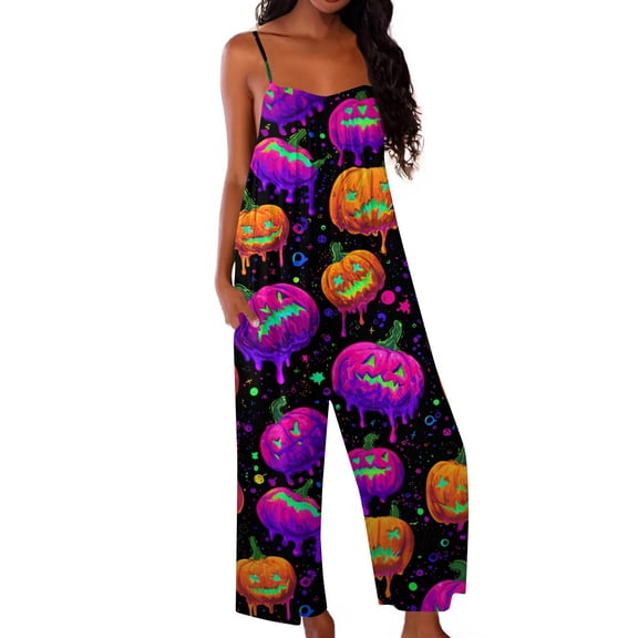 Women's Halloween Jumpsuits Skeleton Castle Wide Leg Backless Spooky Rompers Witch Hat Candy Halter Funny Overalls, S
