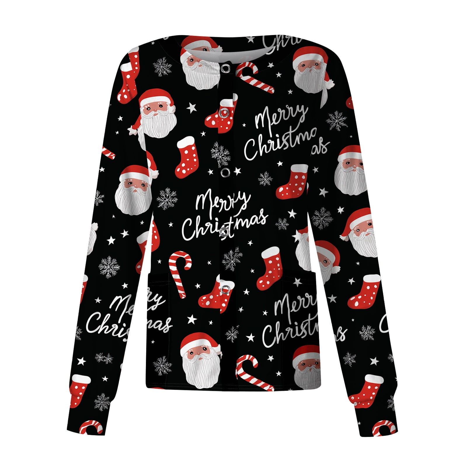 Hearthz Snap Front Christmas Scrub Jackets for Women Long Sleeve Stretchy Warm Up Scrub Tops for Women Xmas Holiday Plus Size Santa Claus Graphic Nurse Uniforms with Pocket